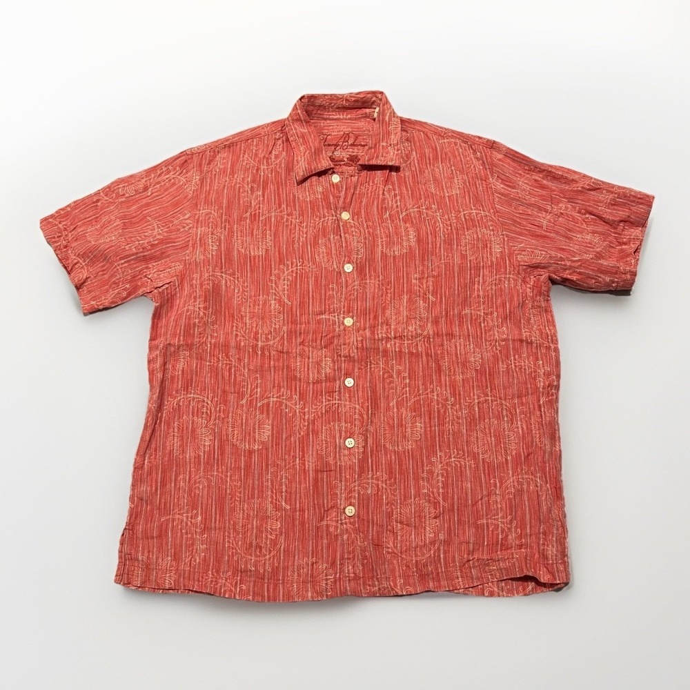 Tommy Bahama Mens Flowy Euro Summer Coral Linen Button Up Shirt Floral Sketch L